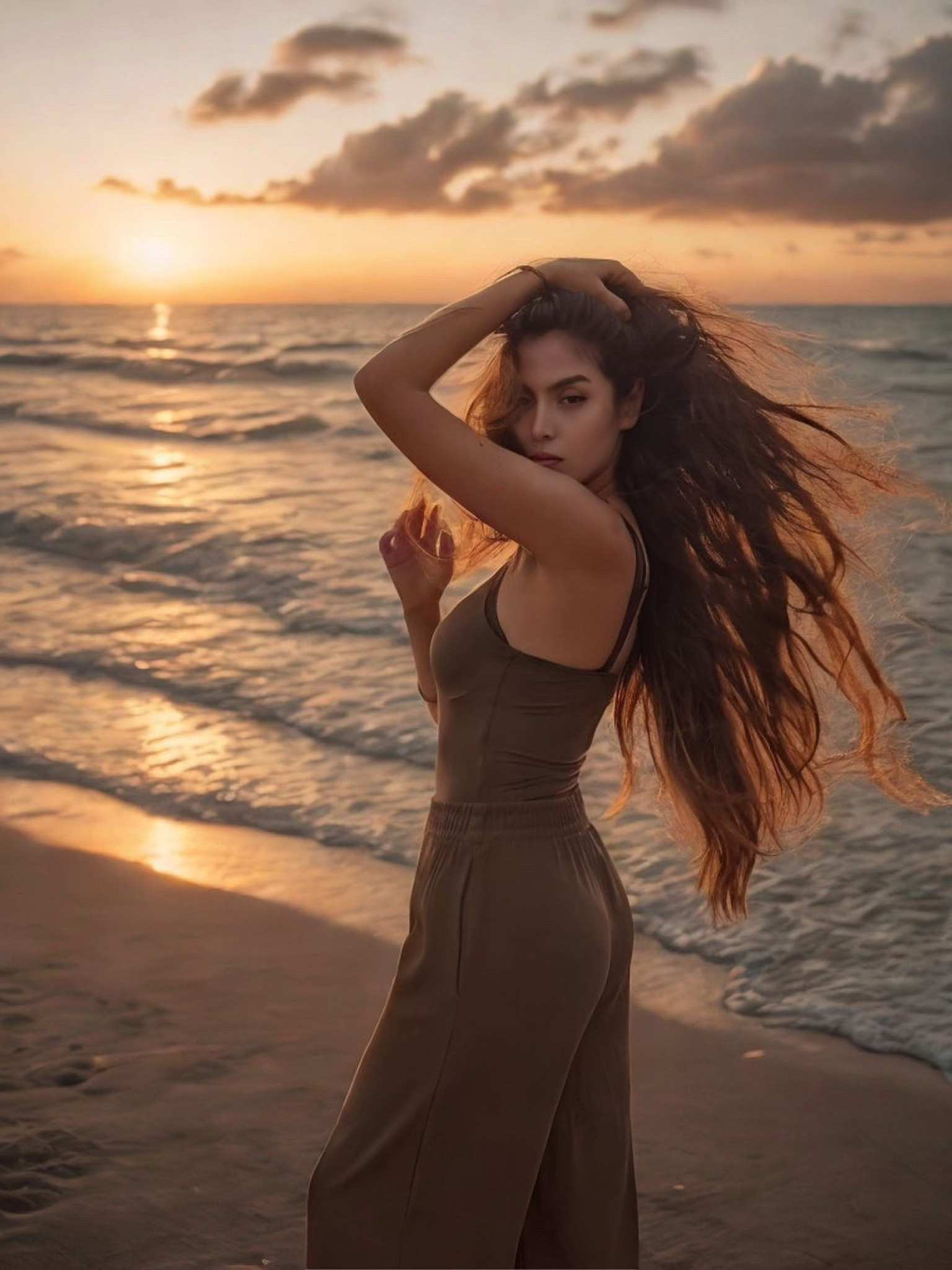 Woman on a beach at sunset with ocean waves and warm colors.